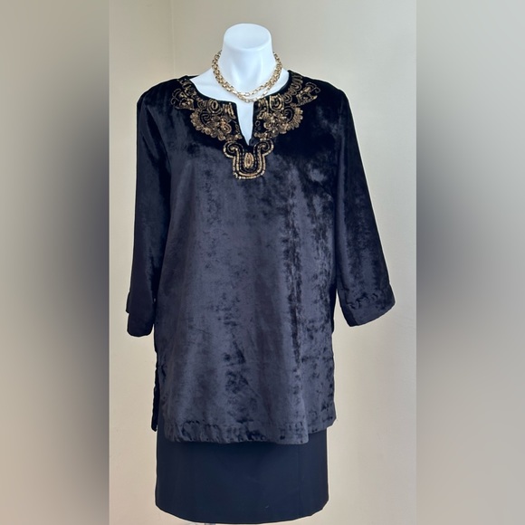 Soft Surroundings Crushed Black Velvet Tunic Top Gold Sequin Trim SZ L Good Cond - Picture 1 of 11